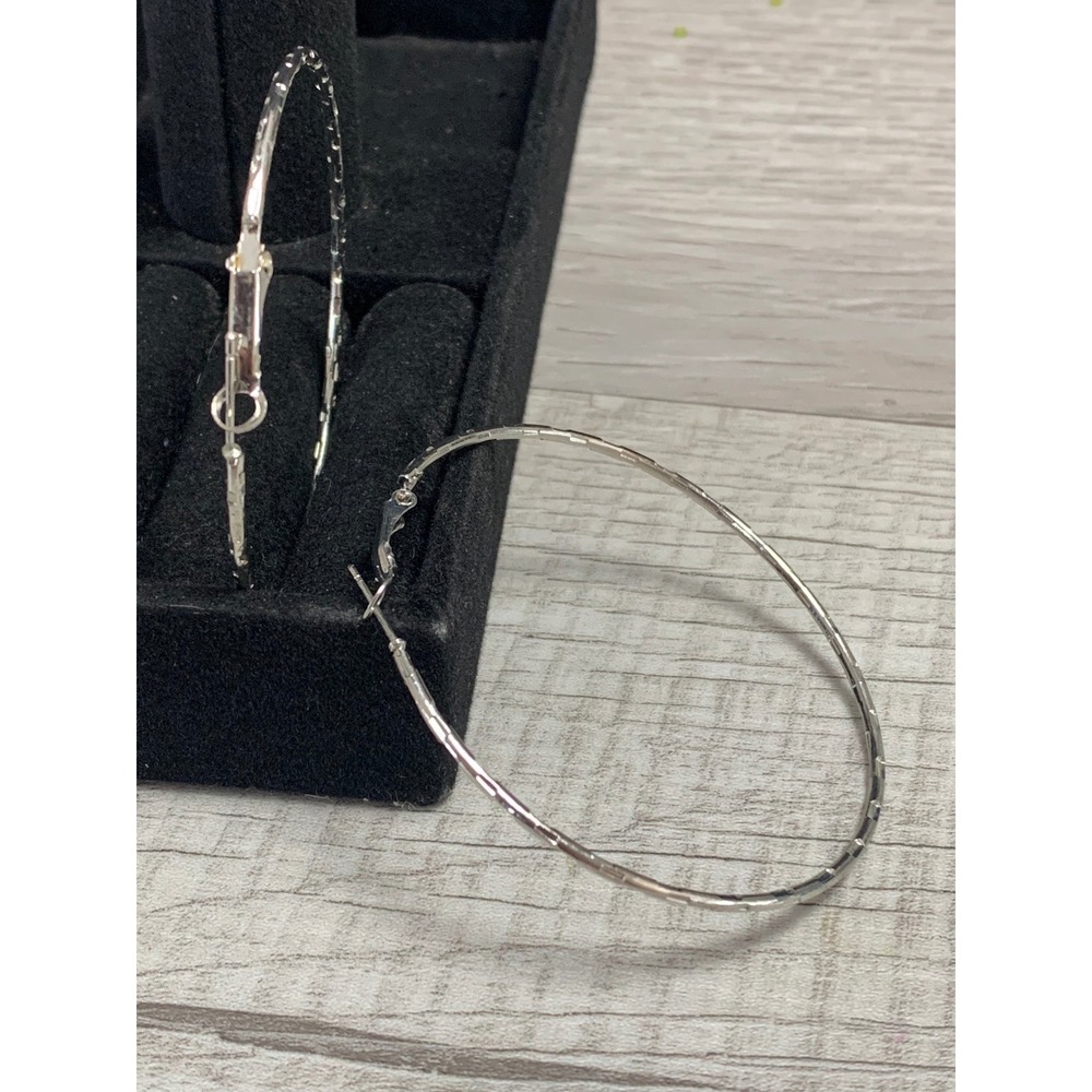 Silver Tone Textured Large Hoop Earrings Faceted Diamond Cut Style 2.25 Inch